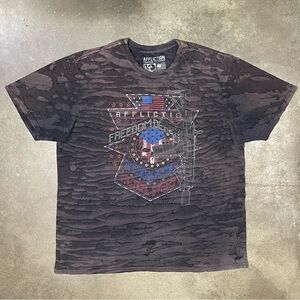 Affliction Freedom Defender Faded Black Punk Grunge Skull Goth Graphic Shirt